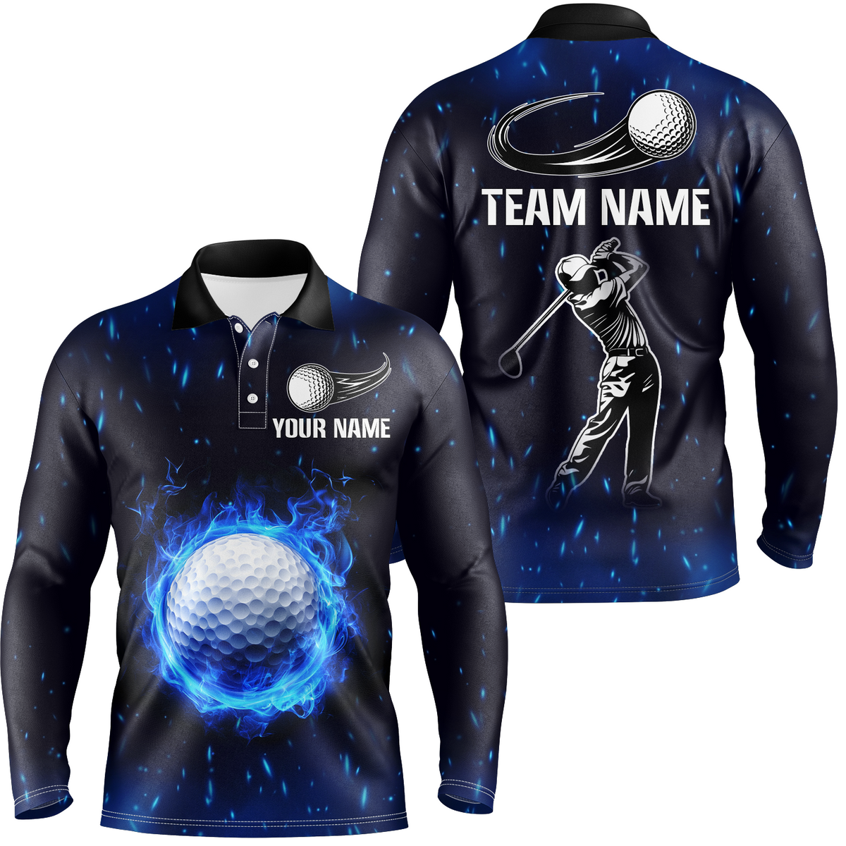 Blue Flame Golf Ball Golf Polo Shirt custom team golf apparel, golf gifts