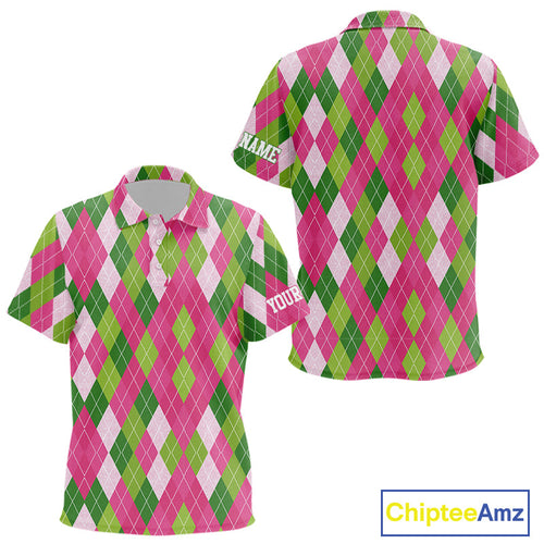 Pink and Green argyle pattern golf polo shirt custom golf jerseys, personalized golf apparel