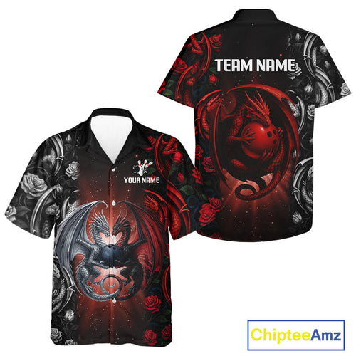 Red Dragon Roses Pattern Custom Bowling Hawaiian Shirts, Dragon Bowling League Shirt