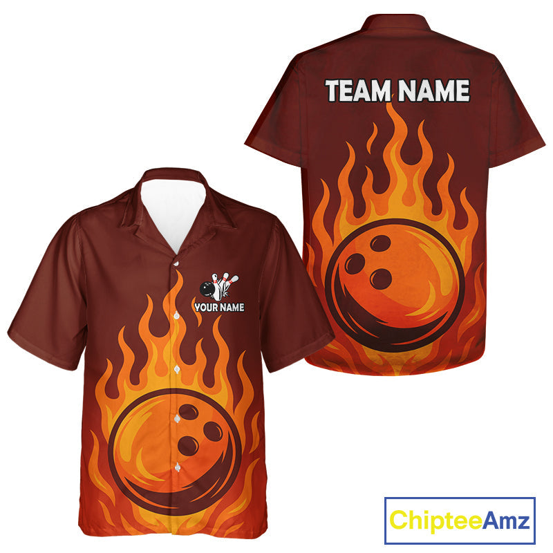 Orange Flame Bowling Hawaiian Shirts Custom Bowling Team League Button Up shirt