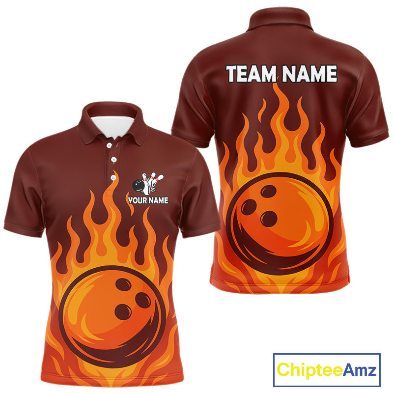 Orange Flame Bowling Polo, Quarter Zip Shirts Custom Bowling Team League Jersey