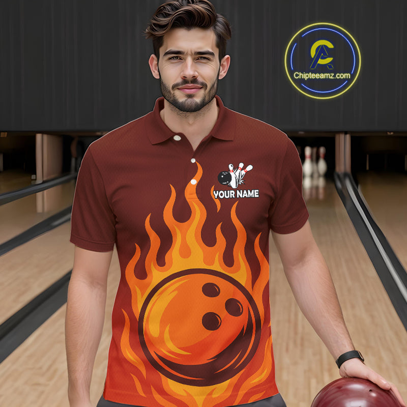 Orange Flame Bowling Polo, Quarter Zip Shirts Custom Bowling Team League Jersey