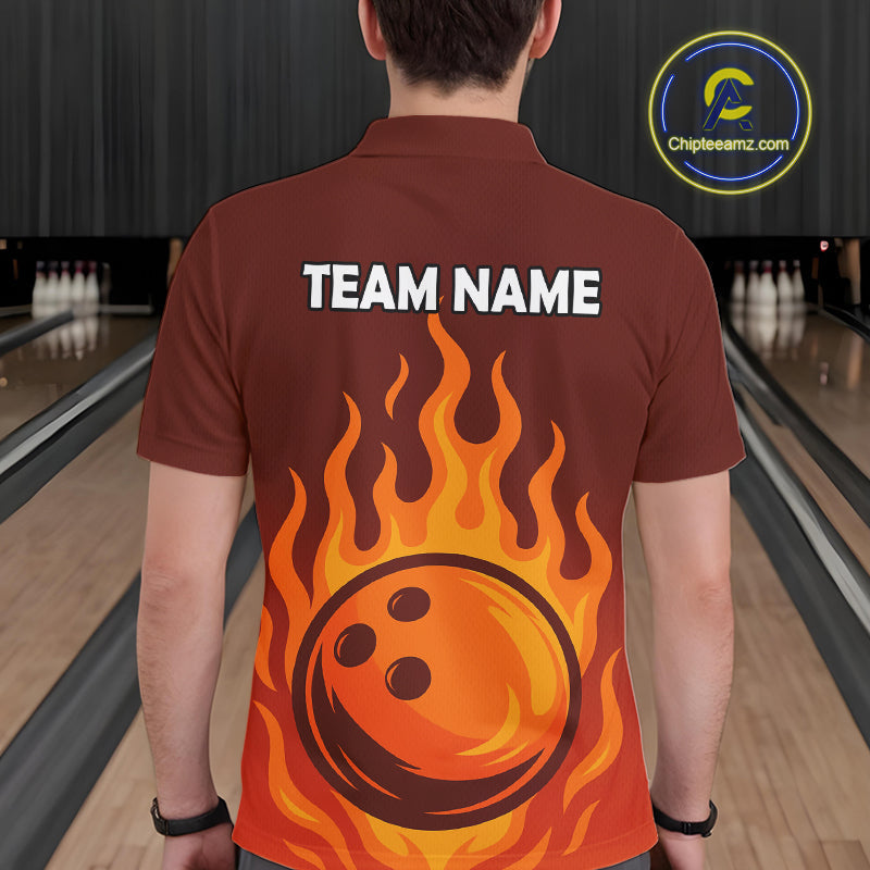 Orange Flame Bowling Polo, Quarter Zip Shirts Custom Bowling Team League Jersey
