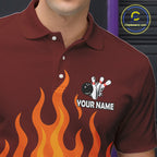 Orange Flame Bowling Polo, Quarter Zip Shirts Custom Bowling Team League Jersey