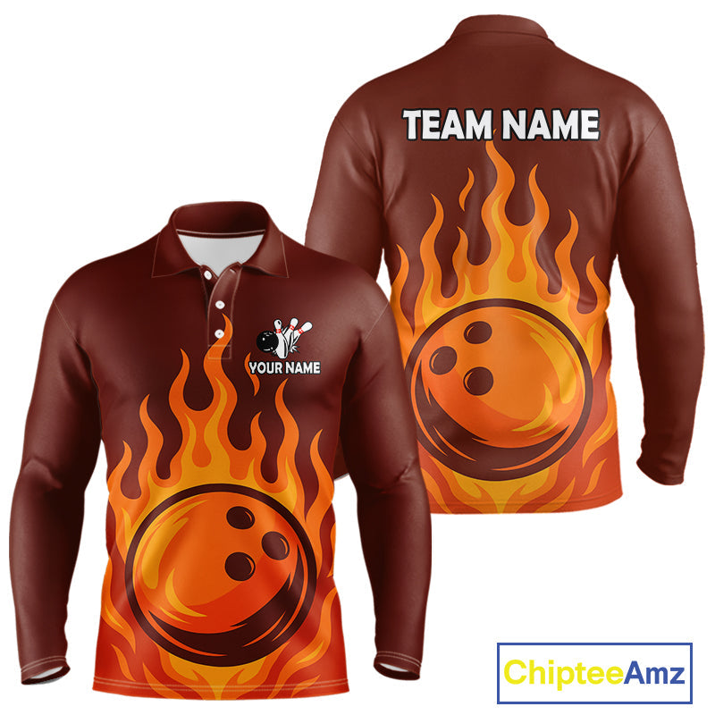 Orange Flame Bowling Polo, Quarter Zip Shirts Custom Bowling Team League Jersey