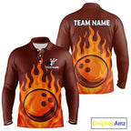 Orange Flame Bowling Polo, Quarter Zip Shirts Custom Bowling Team League Jersey