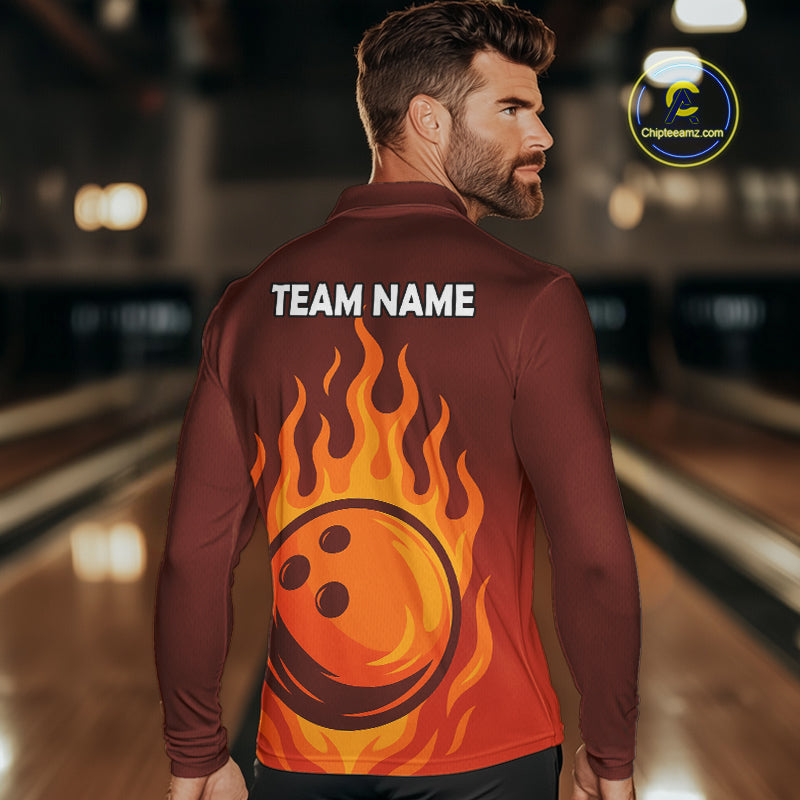 Orange Flame Bowling Polo, Quarter Zip Shirts Custom Bowling Team League Jersey