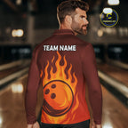 Orange Flame Bowling Polo, Quarter Zip Shirts Custom Bowling Team League Jersey