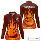 Orange Flame Bowling Polo, Quarter Zip Shirts Custom Bowling Team League Jersey