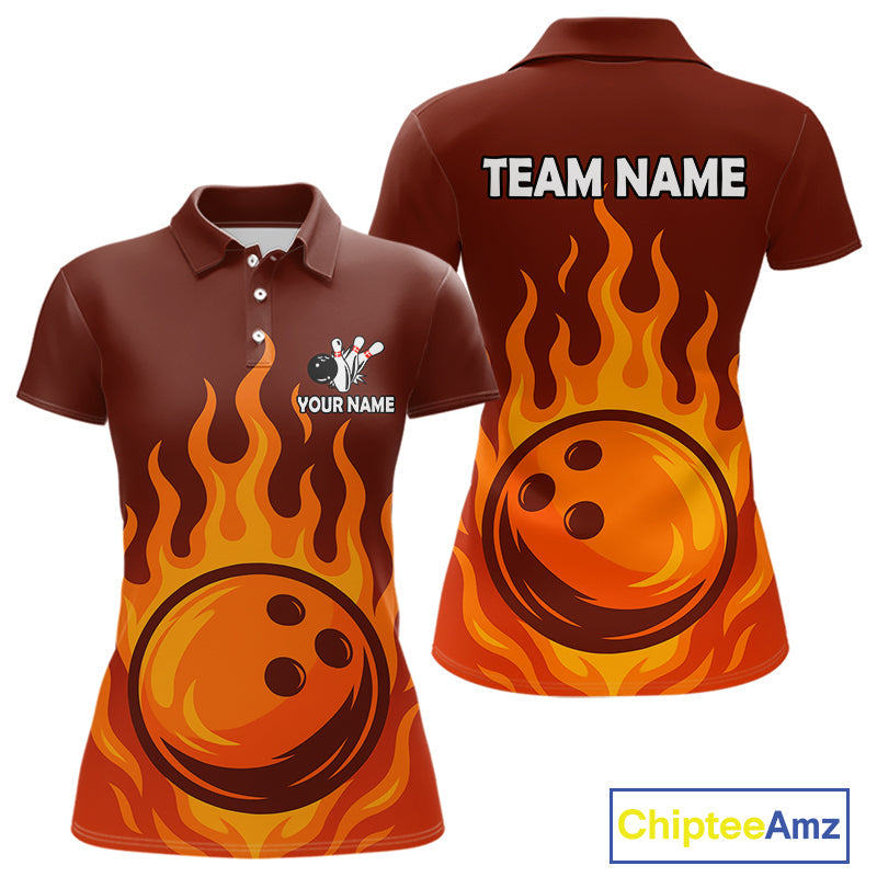Orange Flame Bowling Polo, Quarter Zip Shirts Custom Bowling Team League Jersey