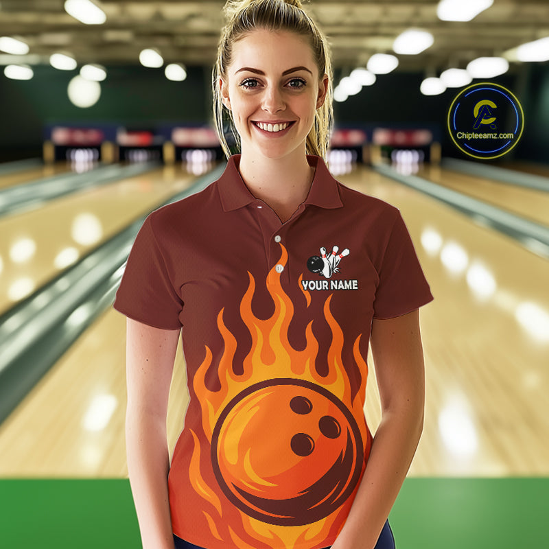 Orange Flame Bowling Polo, Quarter Zip Shirts Custom Bowling Team League Jersey