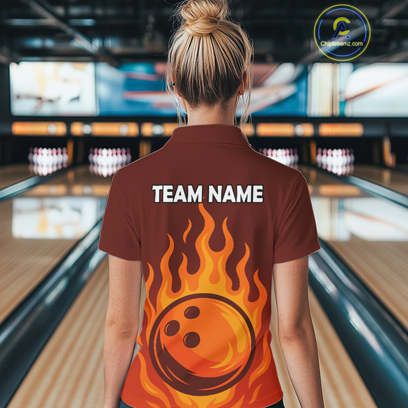 Orange Flame Bowling Polo, Quarter Zip Shirts Custom Bowling Team League Jersey