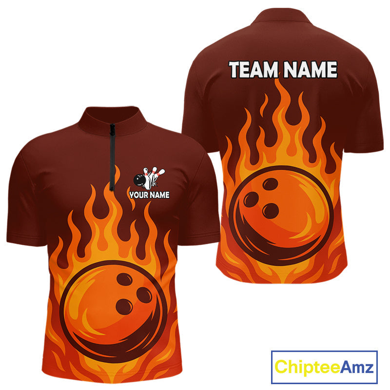 Orange Flame Bowling Polo, Quarter Zip Shirts Custom Bowling Team League Jersey
