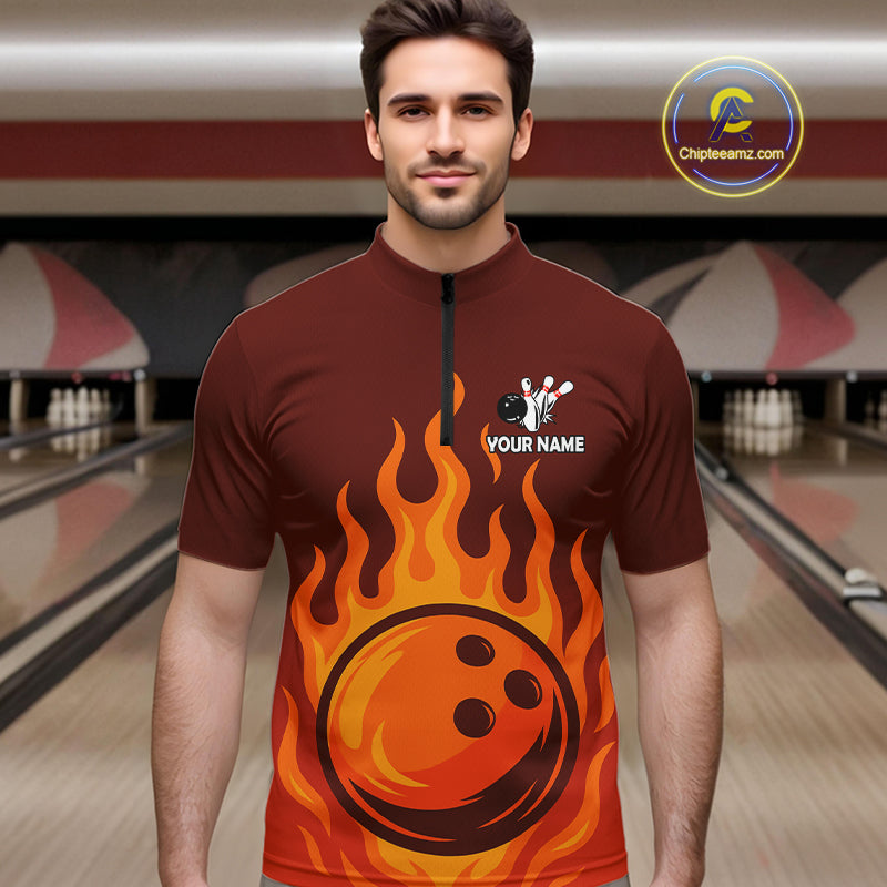 Orange Flame Bowling Polo, Quarter Zip Shirts Custom Bowling Team League Jersey