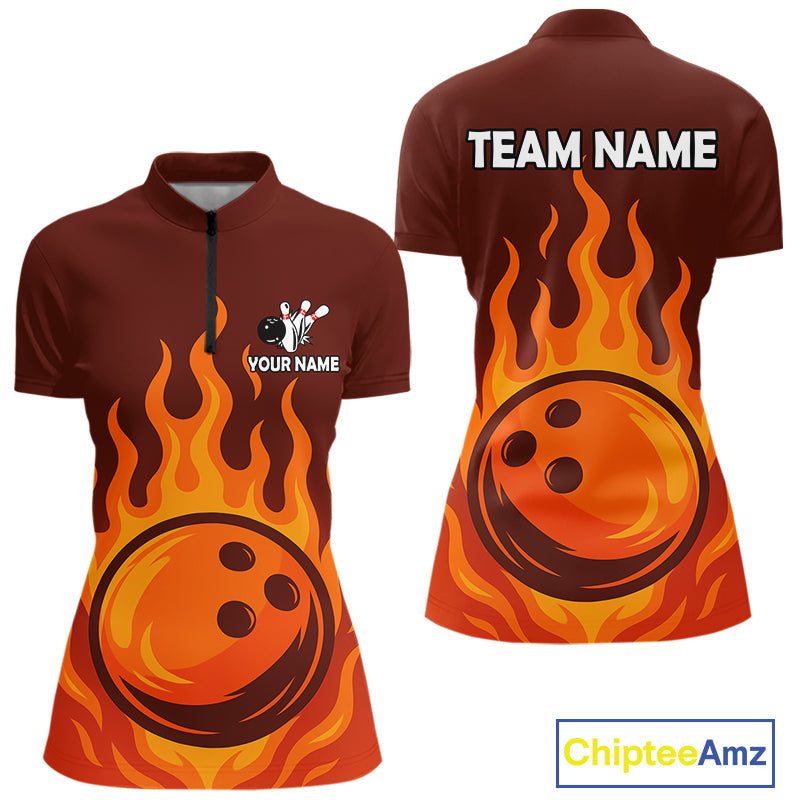 Orange Flame Bowling Polo, Quarter Zip Shirts Custom Bowling Team League Jersey