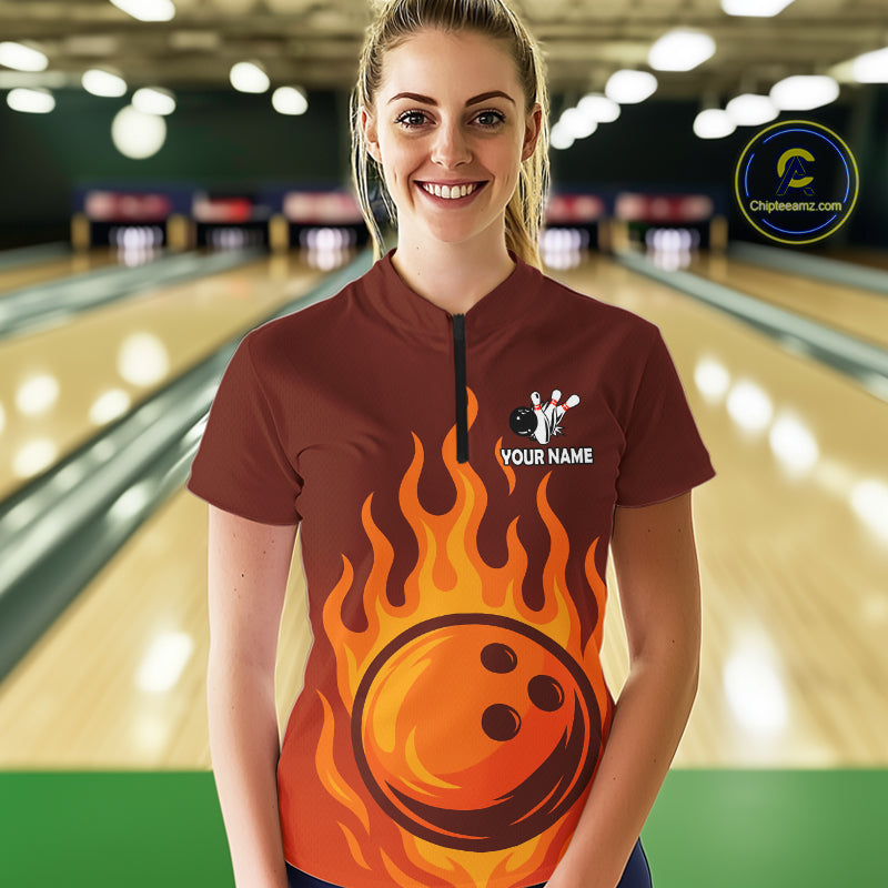 Orange Flame Bowling Polo, Quarter Zip Shirts Custom Bowling Team League Jersey