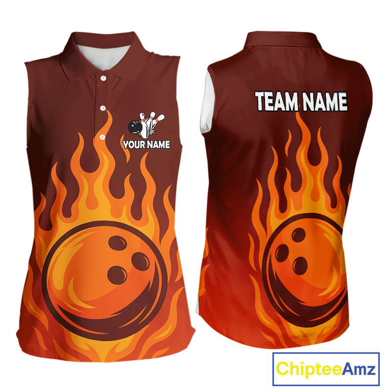 Orange Flame Bowling Sleeveless Polo Shirt Custom Bowling Team League Jersey