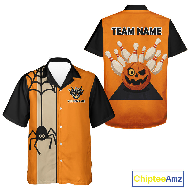 Personalized Orange and Black Retro Halloween Bowling hawaiian shirts Custom Team button up shirts