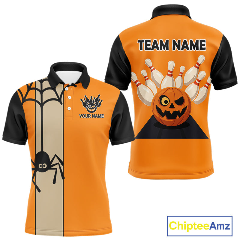 Orange and Black Halloween Retro Bowling Polo, 1/4 Zip Shirts Custom Bowling Team Shirt