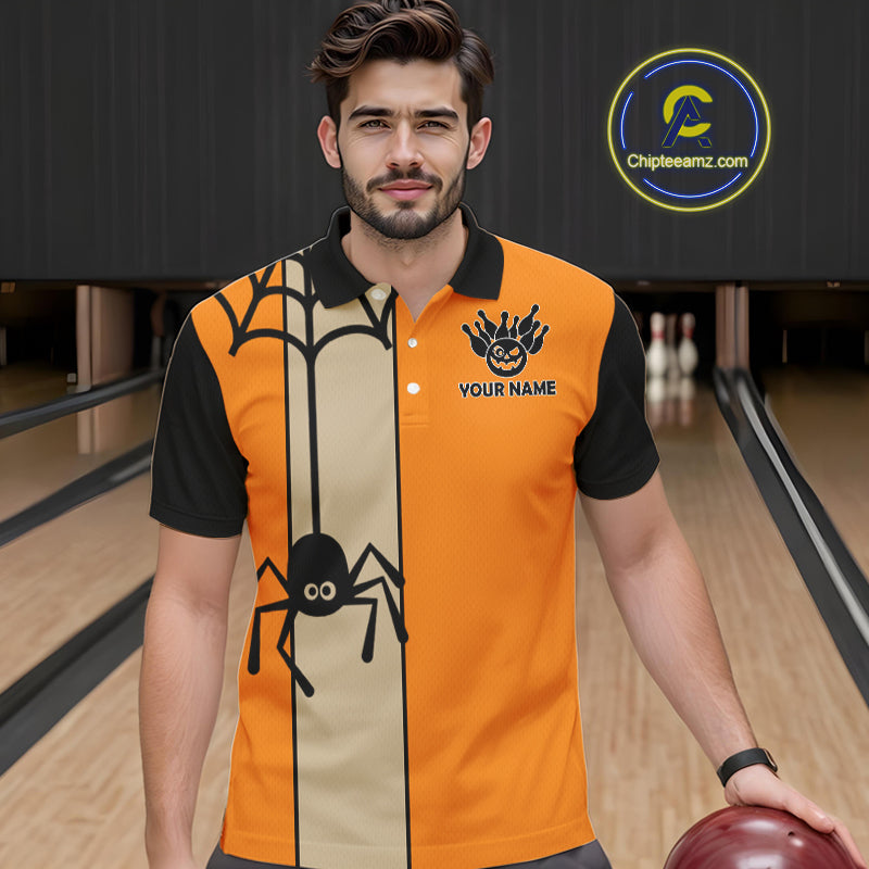 Orange and Black Halloween Retro Bowling Polo, 1/4 Zip Shirts Custom Bowling Team Shirt