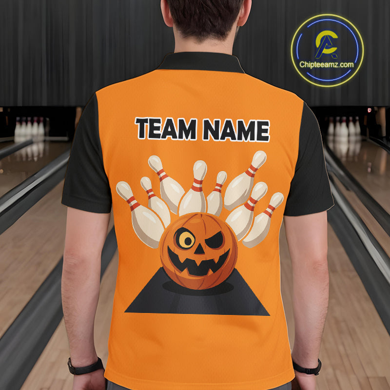 Orange and Black Halloween Retro Bowling Polo, 1/4 Zip Shirts Custom Bowling Team Shirt