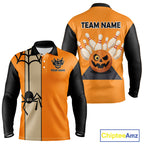Orange and Black Halloween Retro Bowling Polo, 1/4 Zip Shirts Custom Bowling Team Shirt