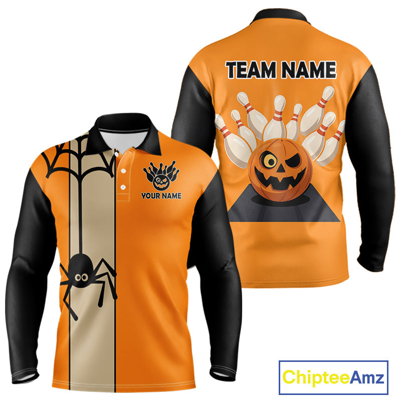 Orange and Black Halloween Retro Bowling Polo, 1/4 Zip Shirts Custom Bowling Team Shirt
