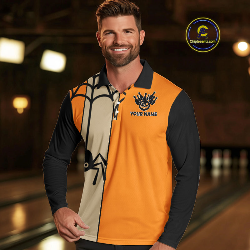 Orange and Black Halloween Retro Bowling Polo, 1/4 Zip Shirts Custom Bowling Team Shirt