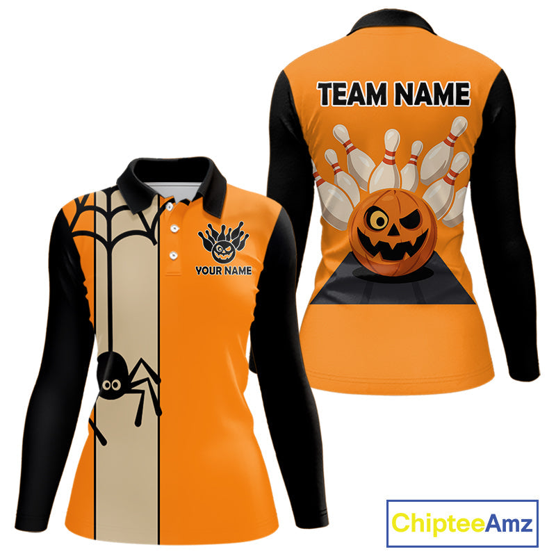 Orange and Black Halloween Retro Bowling Polo, 1/4 Zip Shirts Custom Bowling Team Shirt
