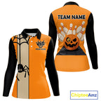 Orange and Black Halloween Retro Bowling Polo, 1/4 Zip Shirts Custom Bowling Team Shirt