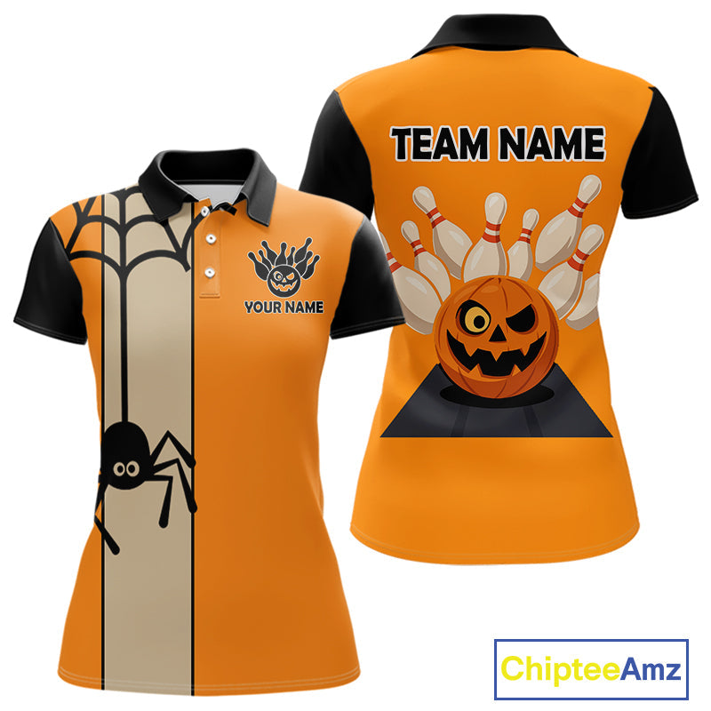Orange and Black Halloween Retro Bowling Polo, 1/4 Zip Shirts Custom Bowling Team Shirt