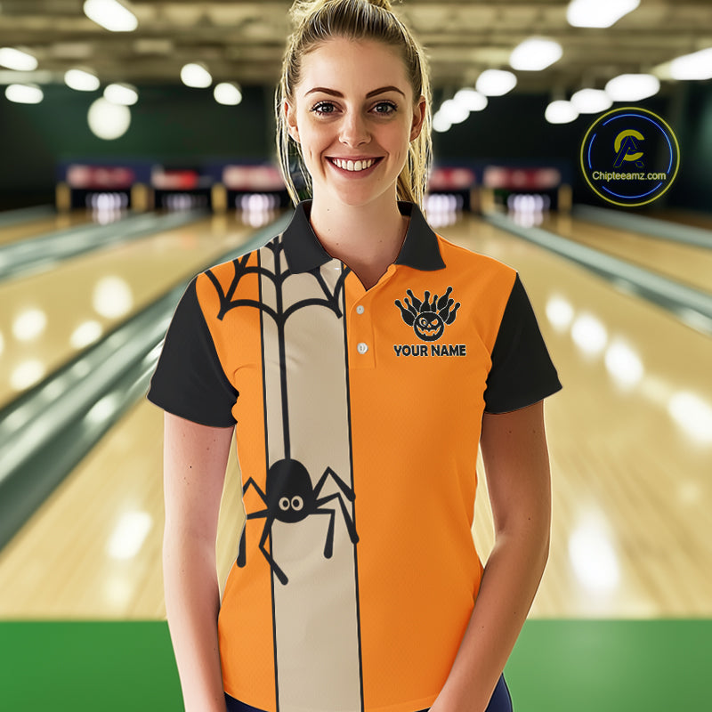 Orange and Black Halloween Retro Bowling Polo, 1/4 Zip Shirts Custom Bowling Team Shirt
