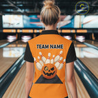 Orange and Black Halloween Retro Bowling Polo, 1/4 Zip Shirts Custom Bowling Team Shirt