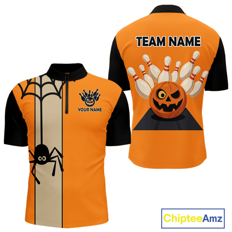 Orange and Black Halloween Retro Bowling Polo, 1/4 Zip Shirts Custom Bowling Team Shirt