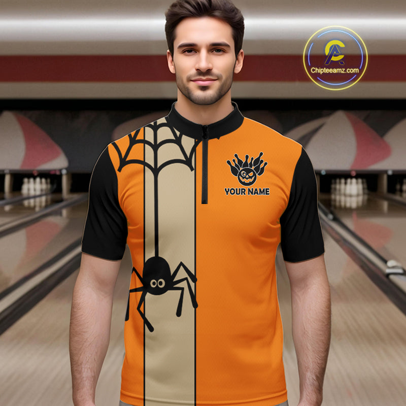 Orange and Black Halloween Retro Bowling Polo, 1/4 Zip Shirts Custom Bowling Team Shirt