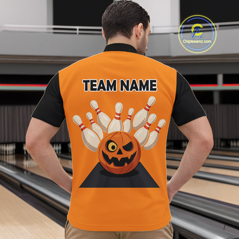 Orange and Black Halloween Retro Bowling Polo, 1/4 Zip Shirts Custom Bowling Team Shirt