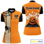 Orange and Black Halloween Retro Bowling Polo, 1/4 Zip Shirts Custom Bowling Team Shirt