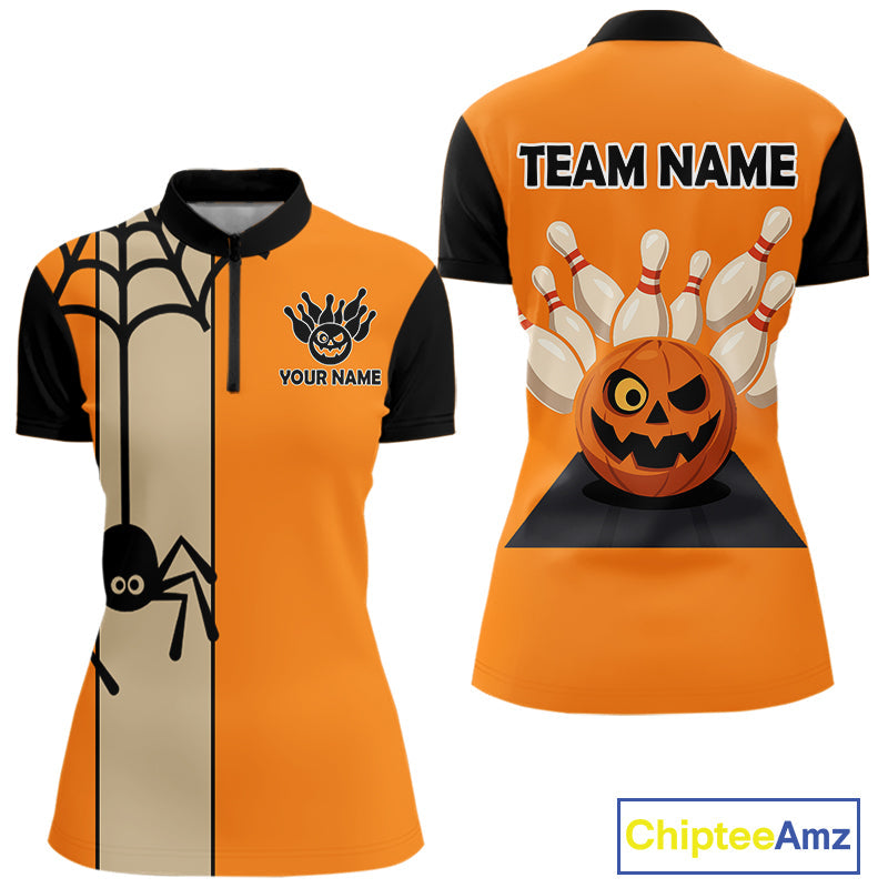 Orange and Black Halloween Retro Bowling Polo, 1/4 Zip Shirts Custom Bowling Team Shirt
