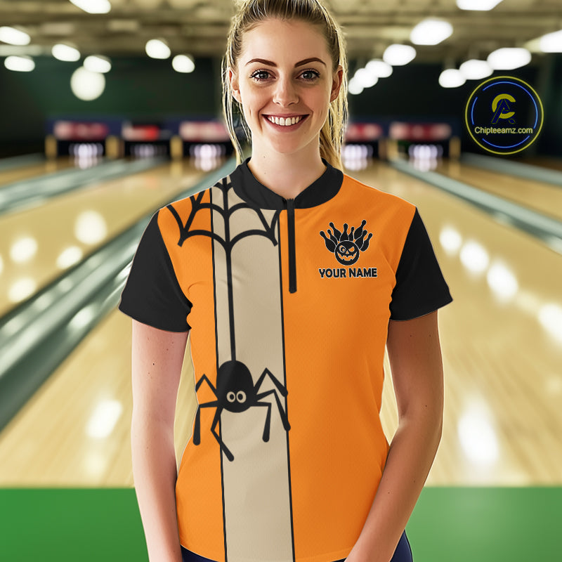 Orange and Black Halloween Retro Bowling Polo, 1/4 Zip Shirts Custom Bowling Team Shirt