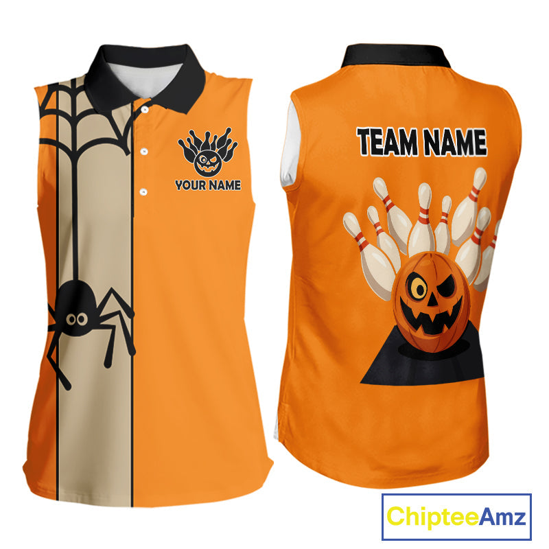 Orange and Black Halloween Retro Bowling Sleeveless Polo Shirts Custom Bowling Team Shirt