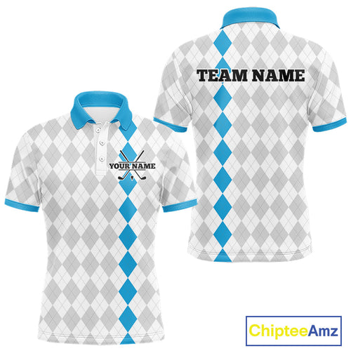 Custom Blue and White argyle pattern Golf Polo Shirts, personalized team golf outfit