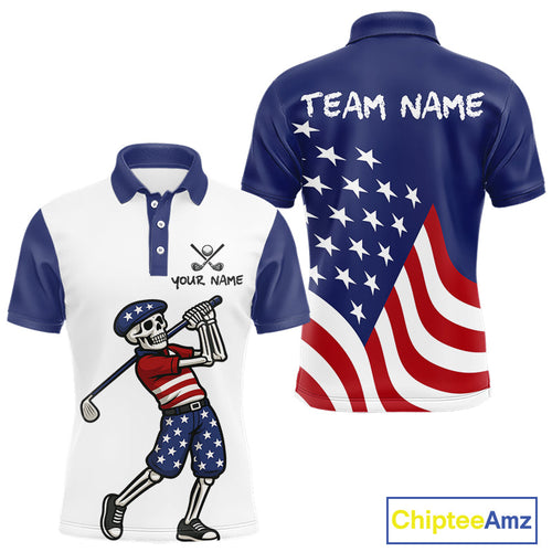 Red, White and Blue American Flag Skull Golf polo shirts custom patriotic golf top