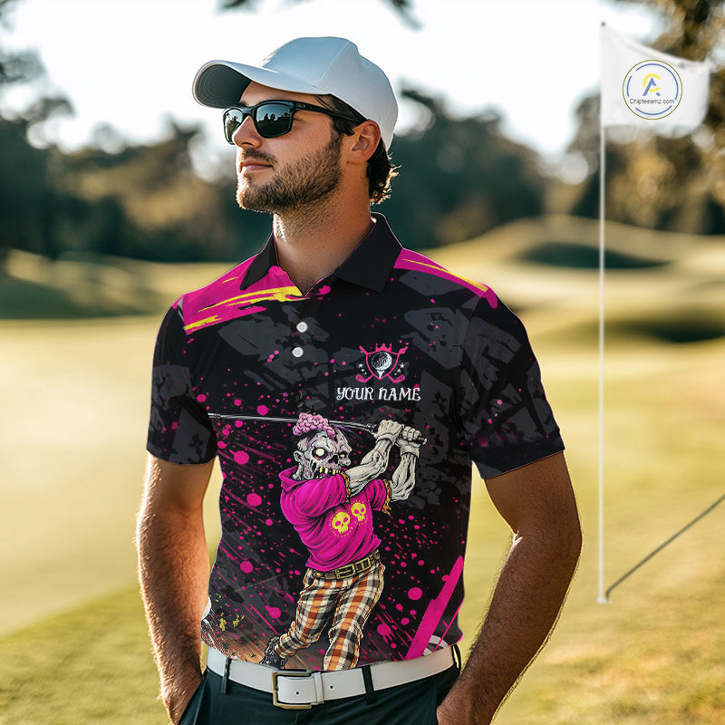 Black and Pink Funny zombie Golf Polo shirts Custom team golf shirts, funny golf polos