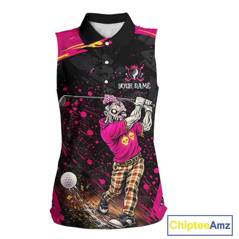 Black and Pink Funny zombie 's sleeveless polo shirts Custom sleeveless golf shirts