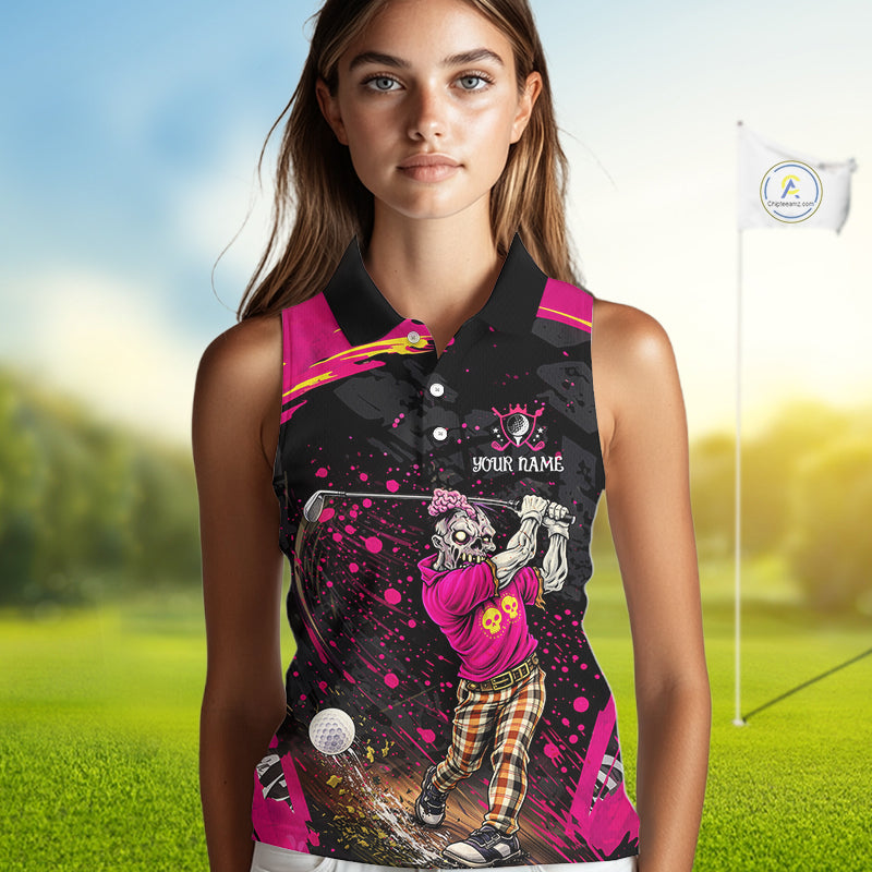 Black and Pink Funny zombie 's sleeveless polo shirts Custom sleeveless golf shirts