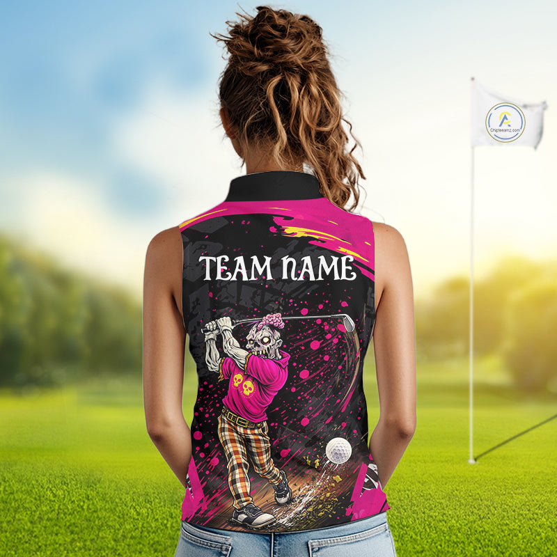 Black and Pink Funny zombie 's sleeveless polo shirts Custom sleeveless golf shirts
