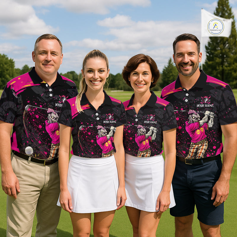Black and Pink Funny zombie Golf Polo shirts Custom team golf shirts, funny golf polos