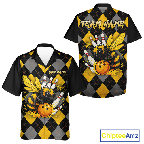 Black and Yellow argyle pattern Honey Bee Bowling Hawaiian shirts Custom Team bowling jerseys