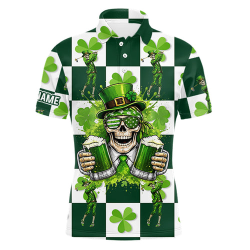 Funny Skull drink beer Clover square pattern Golf Polo shirts Custom St Patrick's Day golf tops