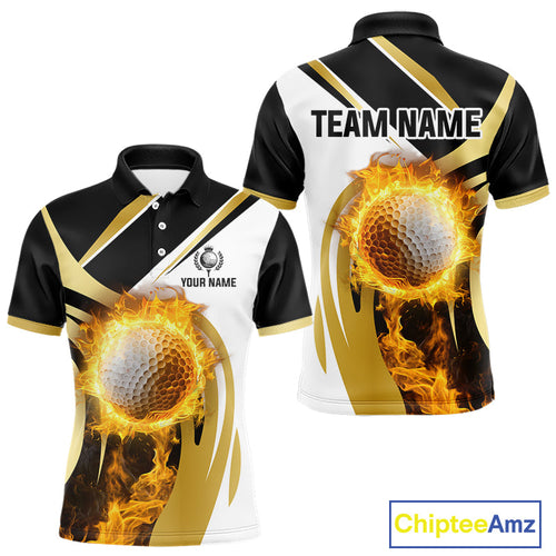 Black and White Gold Flame Golf Polo Shirts custom team golf attire, gift for golf lovers